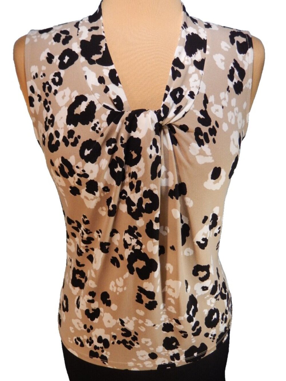 Calvin Klein Taupe/Black/White Sleeveless Knotted V-Neck Career Shell Extra Sm